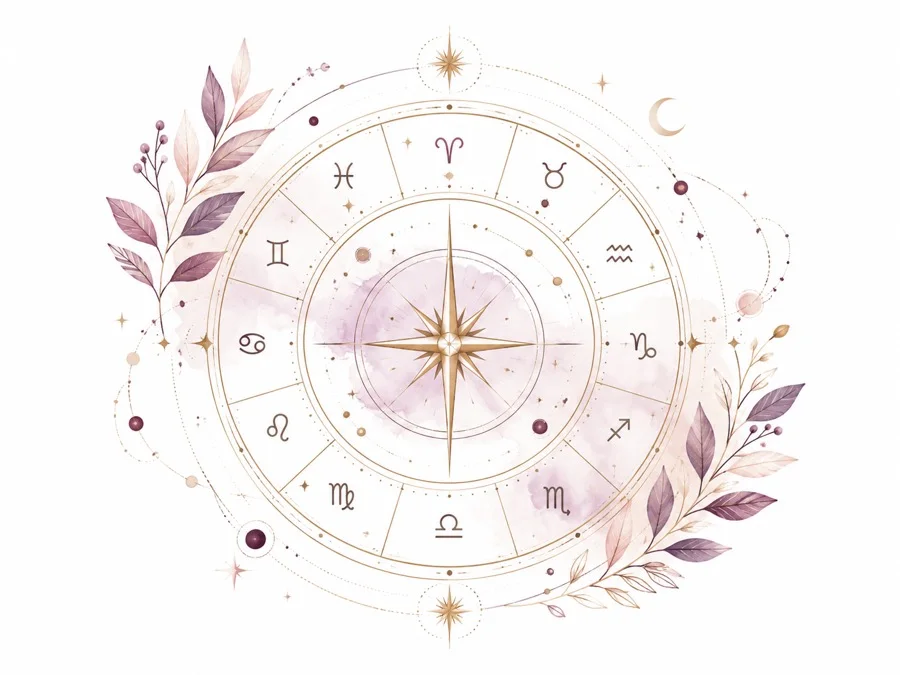 An illustrated astrological birth chart wheel